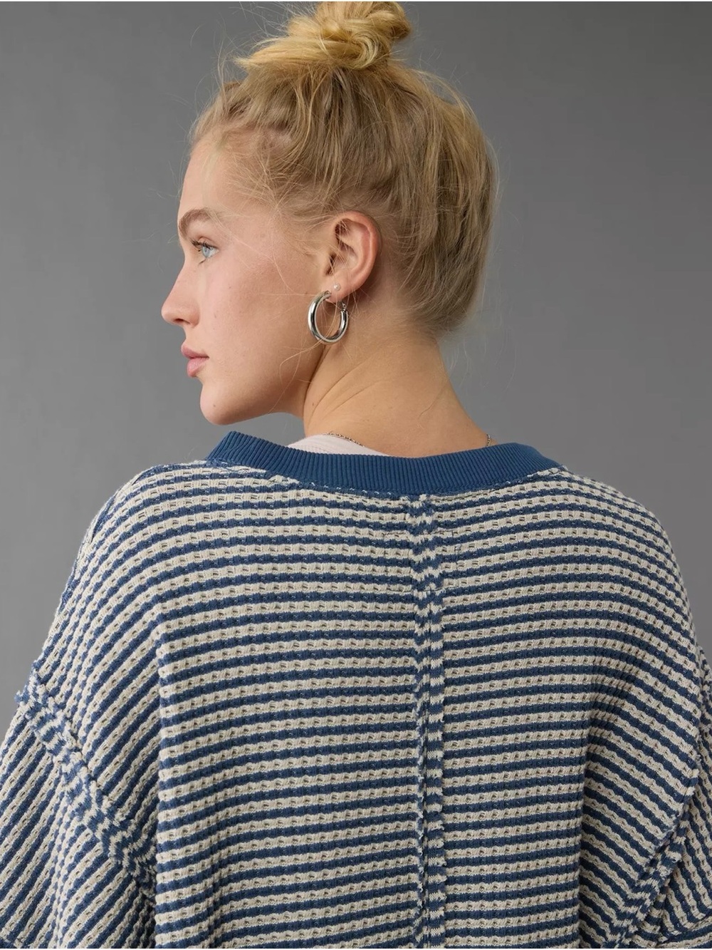 American Eagle Outfitters Navy & White Striped Waffle Crewneck Pullover, MEDUIM - Picture 4 of 16